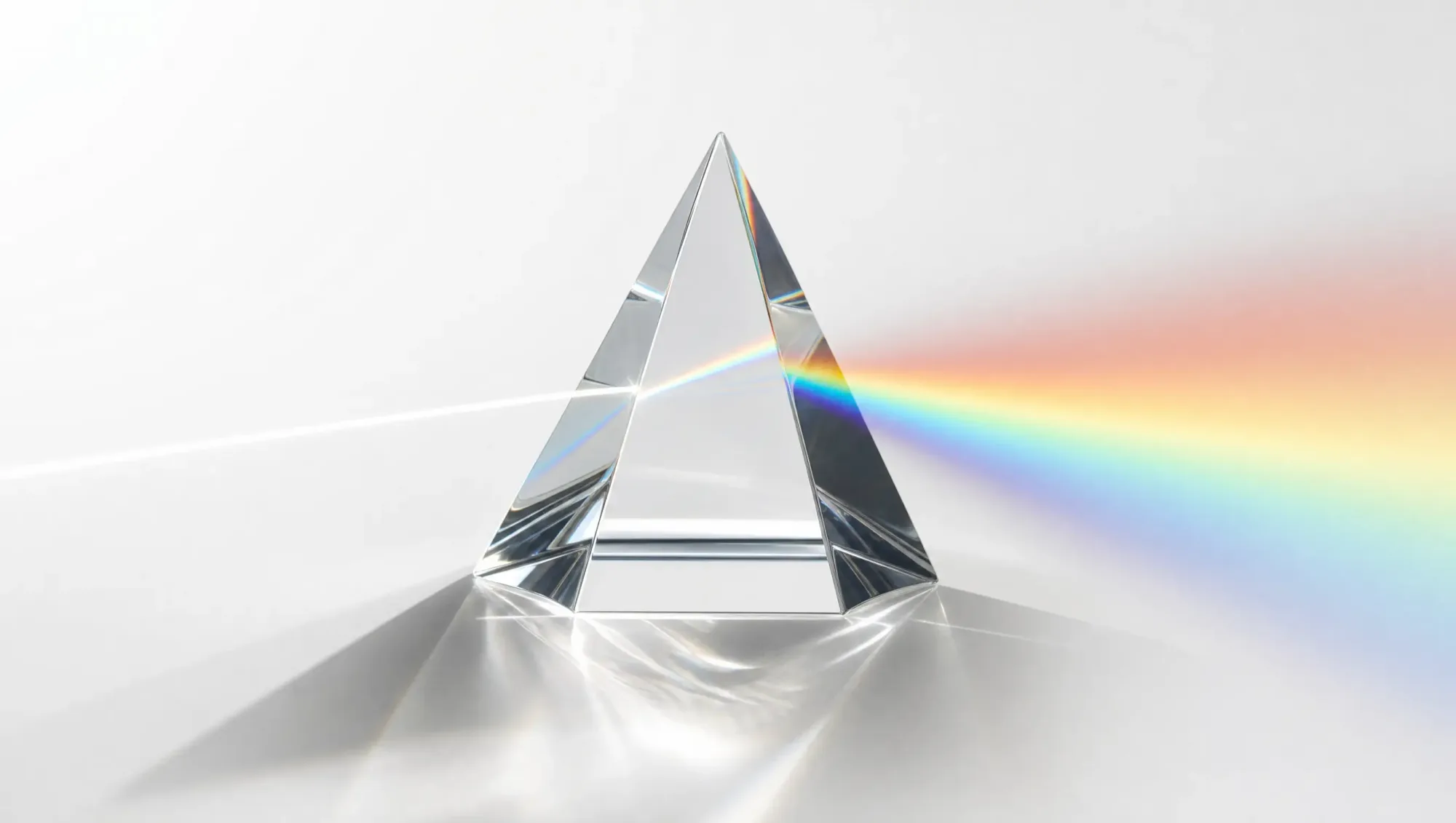 A crystal prism on a white bench splitting a single beam of white light into a full rainbow spectrum
