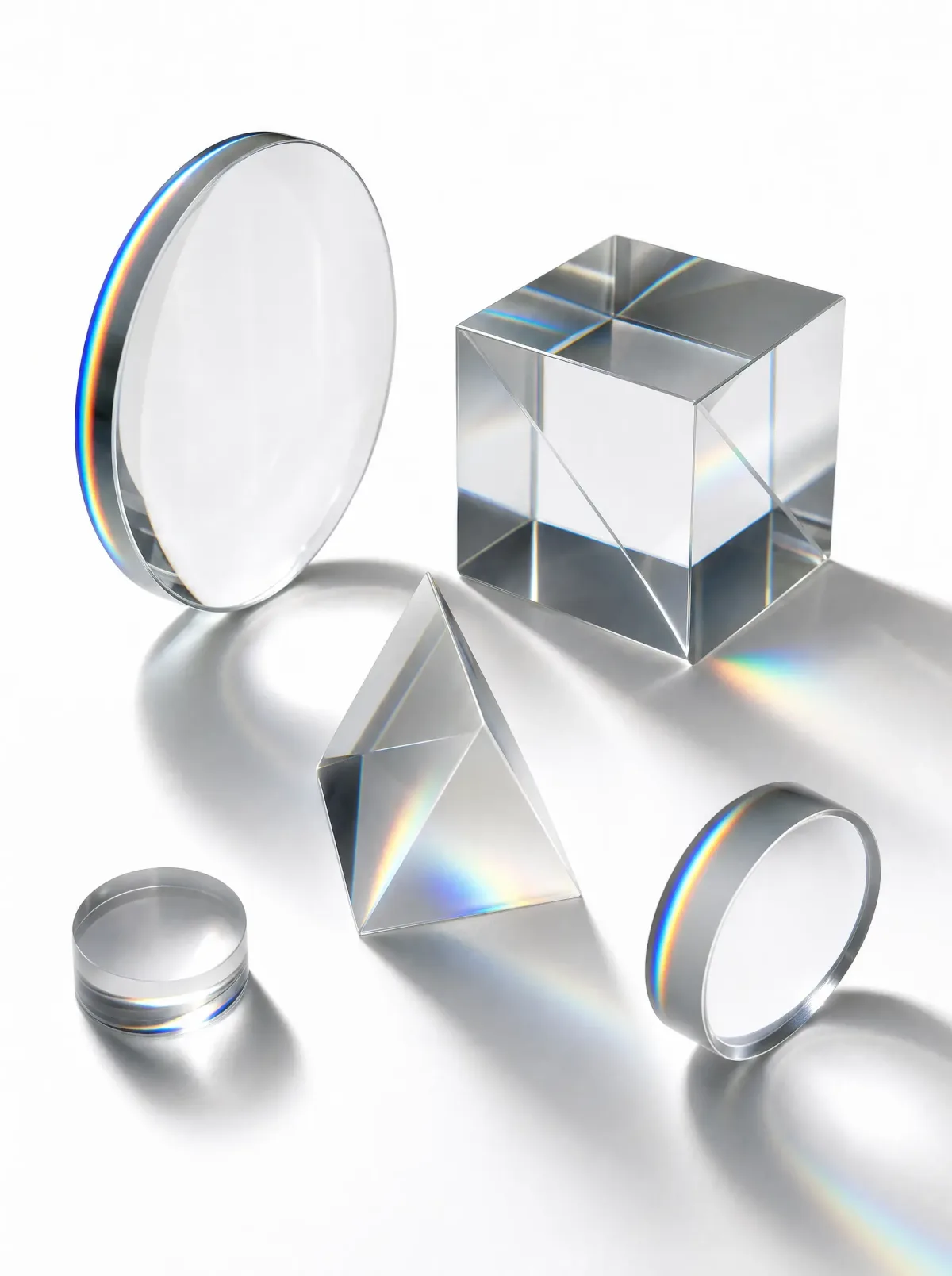 Laboratory optical glass elements — lenses, a prism and a beam-splitter cube — catching thin lines of spectral color on a white surface